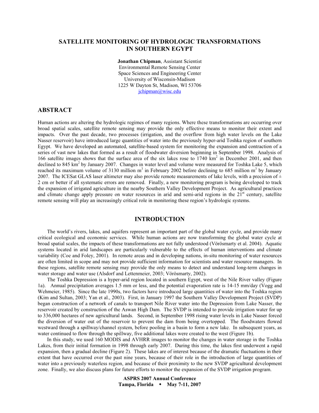 Satellite Monitoring of Hydrologic Transformations in Southern Egypt