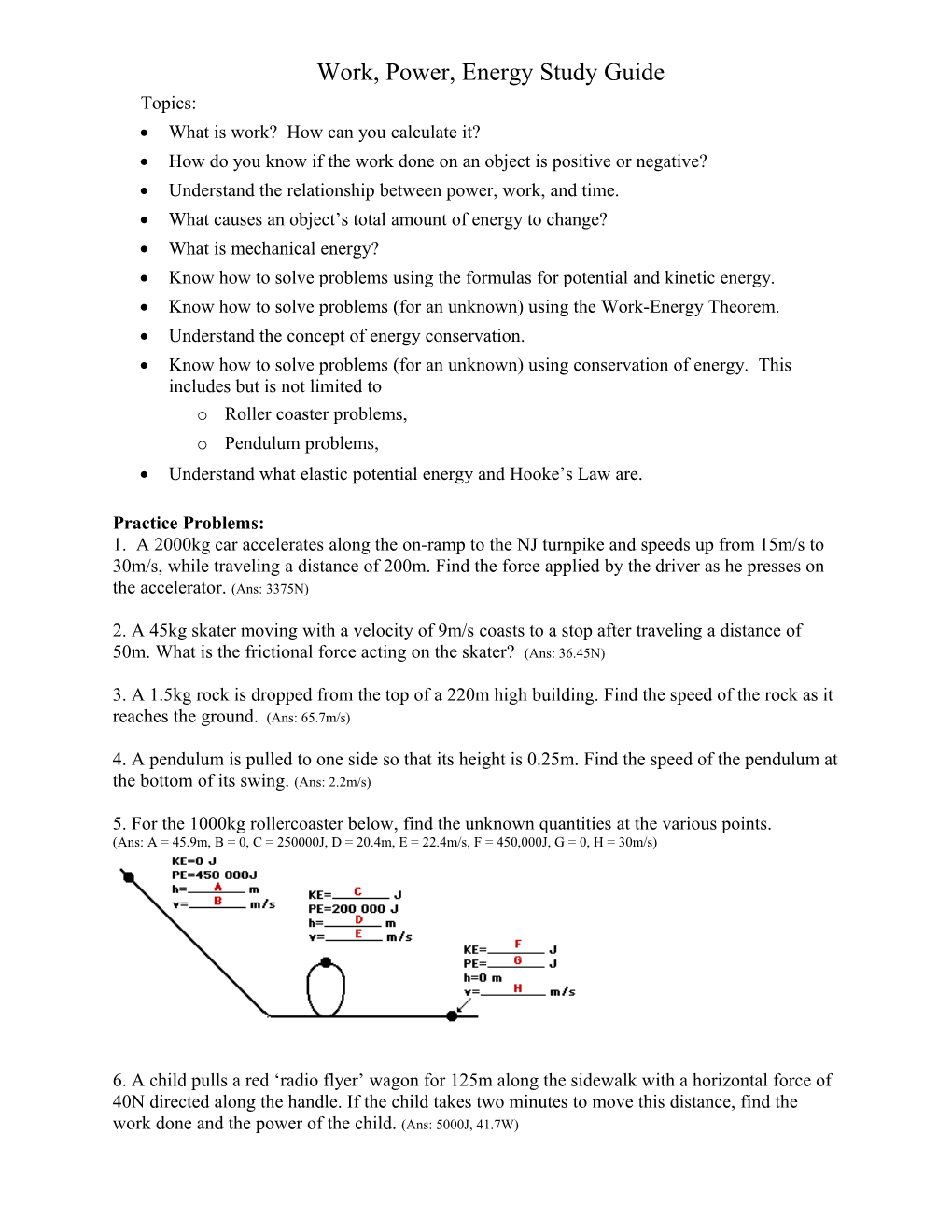 Work, Power, Energy Study Guide