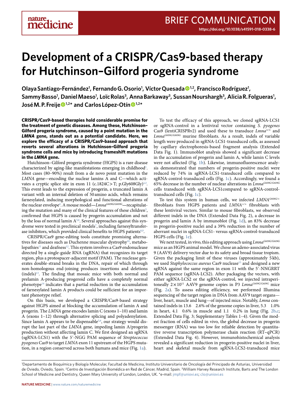 Development of a CRISPR/Cas9-Based Therapy for Hutchinson–Gilford Progeria Syndrome