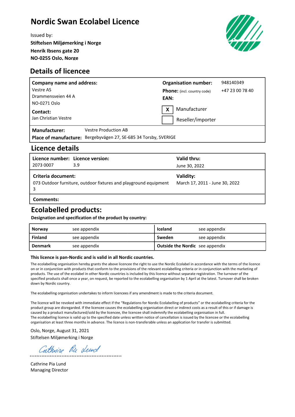 Nordic Swan Ecolabel Licence