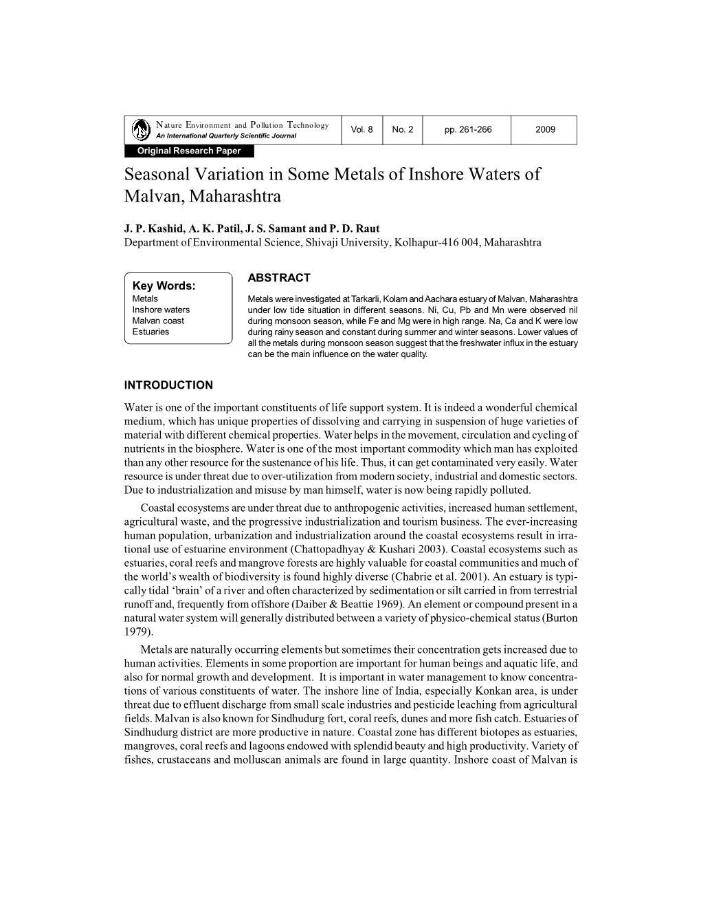 Seasonal Variation in Some Metals of Inshore Waters of Malvan, Maharashtra