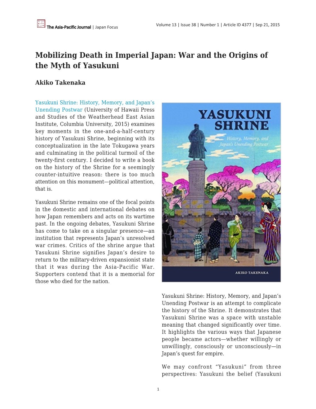 Mobilizing Death in Imperial Japan: War and the Origins of the Myth of Yasukuni
