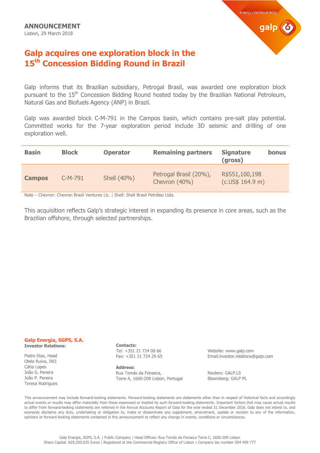 Galp Acquires One Exploration Block in the 15Th Concession Bidding Round in Brazil