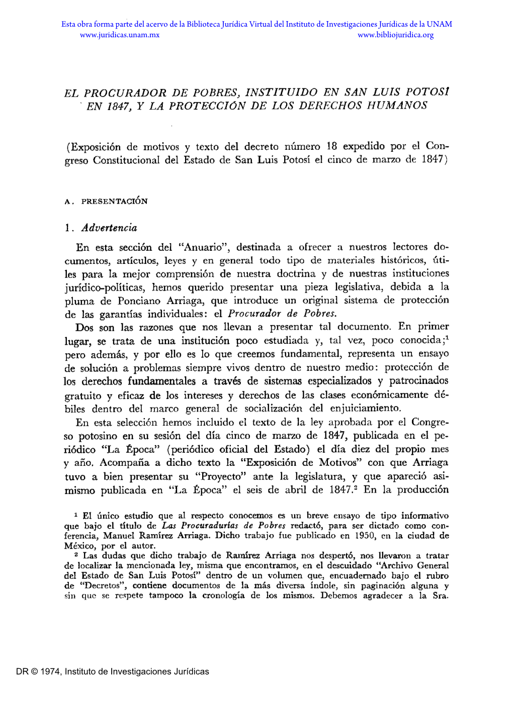 El Procurador De Pobres, Instituido En San Luis Potosi En 1847, Y La Proteccion De Los Derechos Humanos