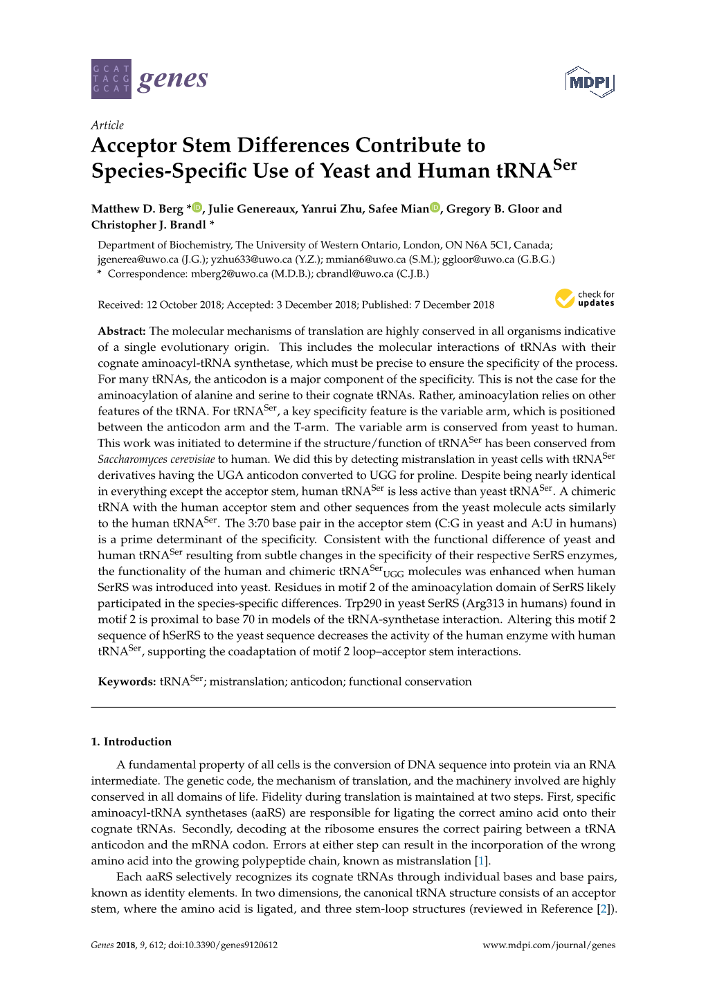 Acceptor Stem Differences Contribute to Species-Specific Use of Yeast