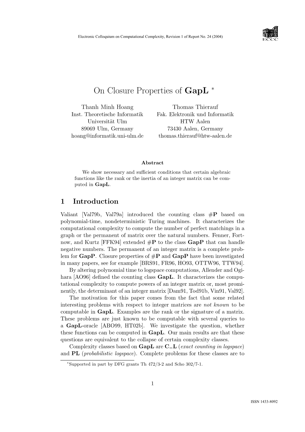 On Closure Properties of Gapl ∗