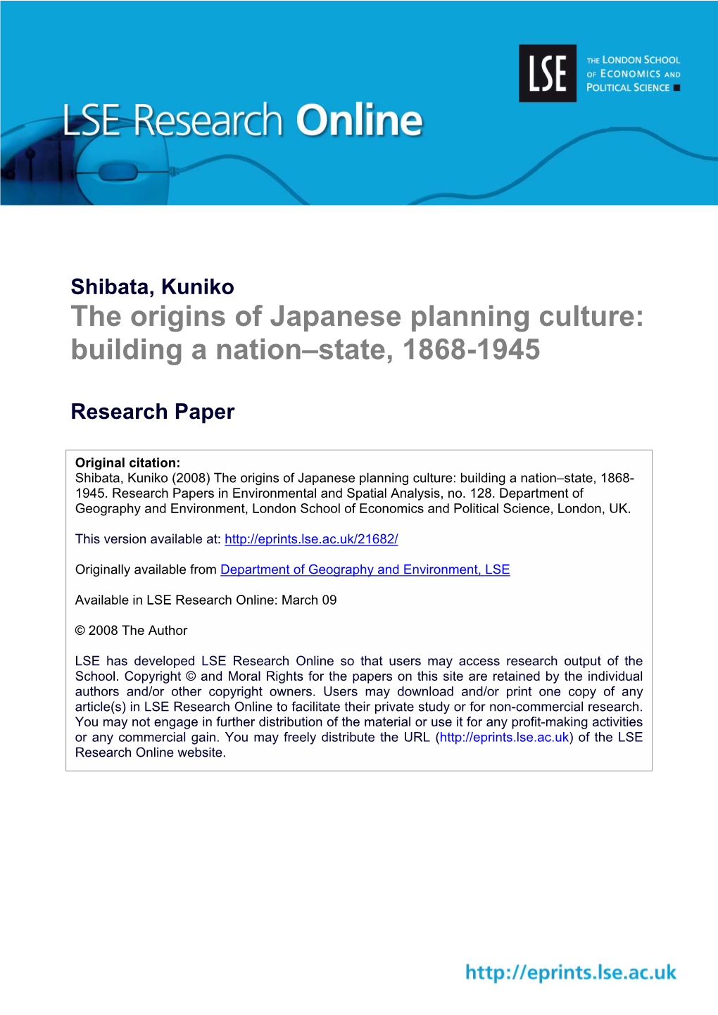 The Origins of Japanese Planning Culture: Building a Nation–State, 1868-1945