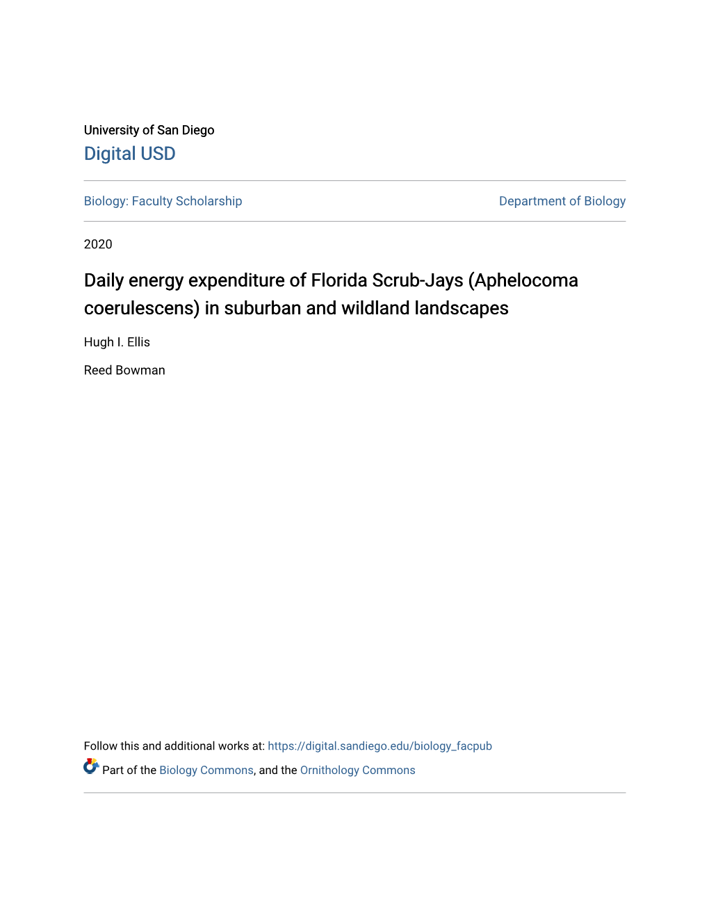 Daily Energy Expenditure of Florida Scrub-Jays (Aphelocoma Coerulescens) in Suburban and Wildland Landscapes