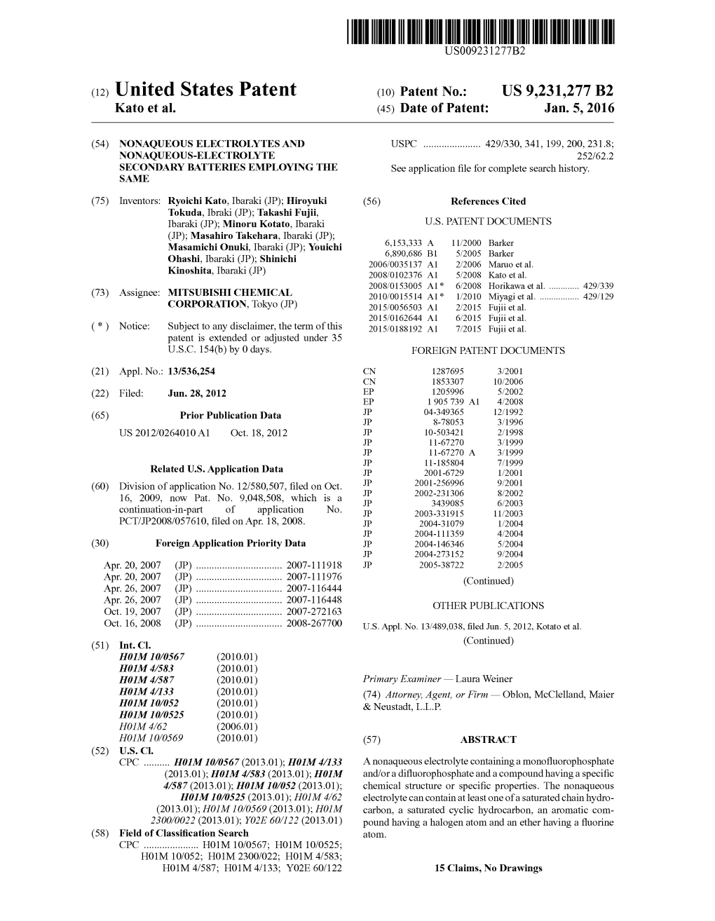 (12) United States Patent (10) Patent No.: US 9.231,277 B2 Kato Et Al