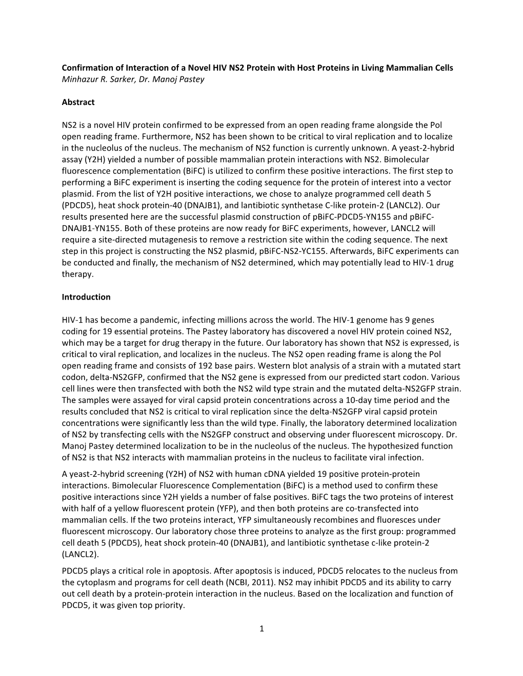 1 Confirmation of Interaction of a Novel HIV NS2 Protein with Host