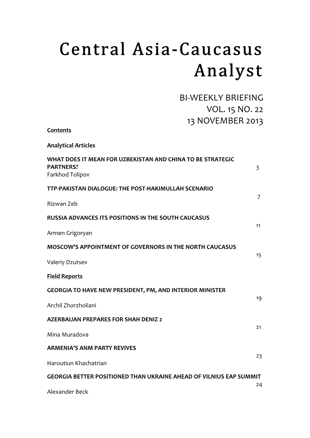 Central Asia-Caucasus Analyst, Vol 15, No 22