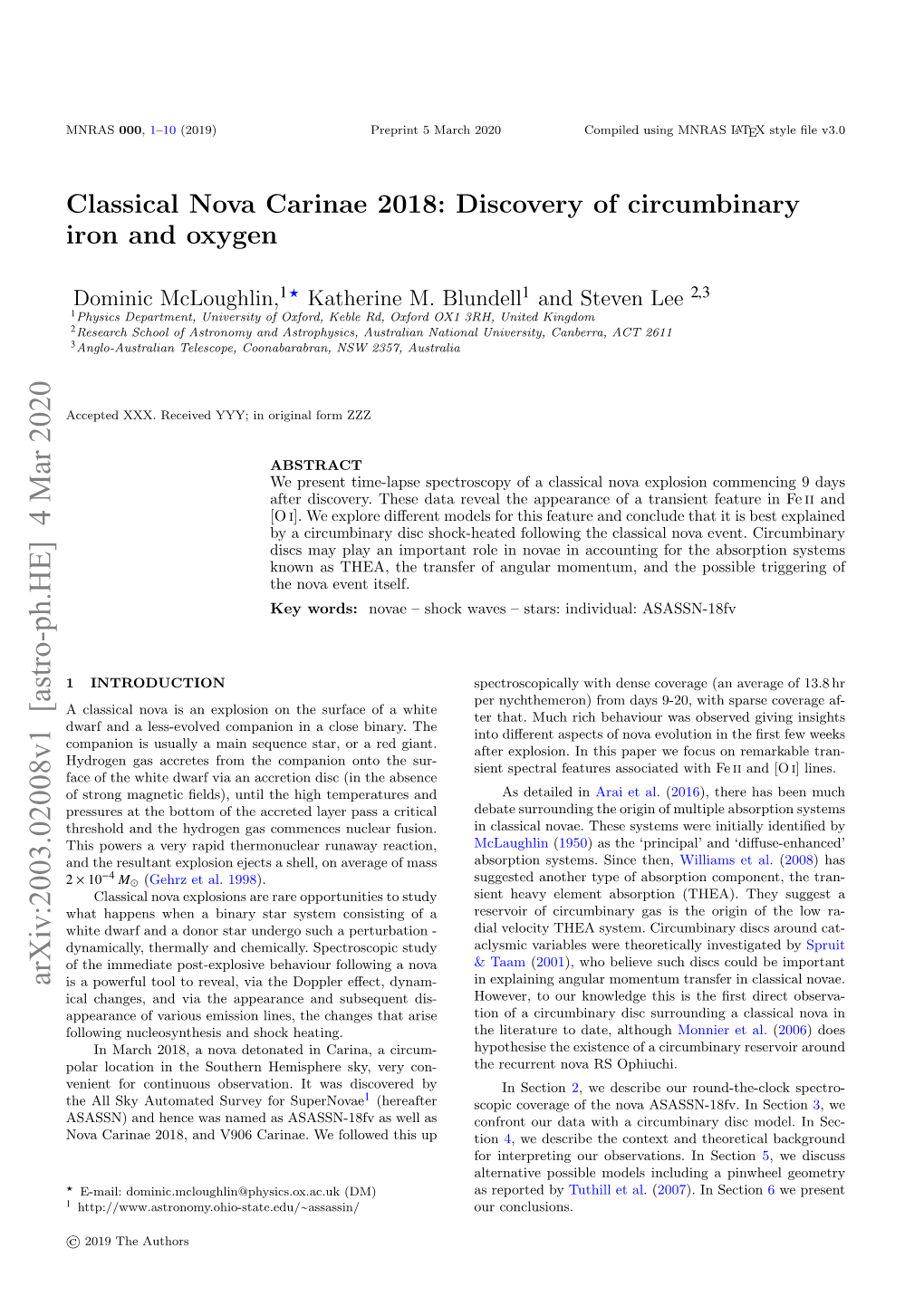 Arxiv:2003.02008V1 [Astro-Ph.HE] 4 Mar 2020 Is a Powerful Tool to Reveal, Via the Doppler Eﬀect, Dynam- in Explaining Angular Momentum Transfer in Classical Novae