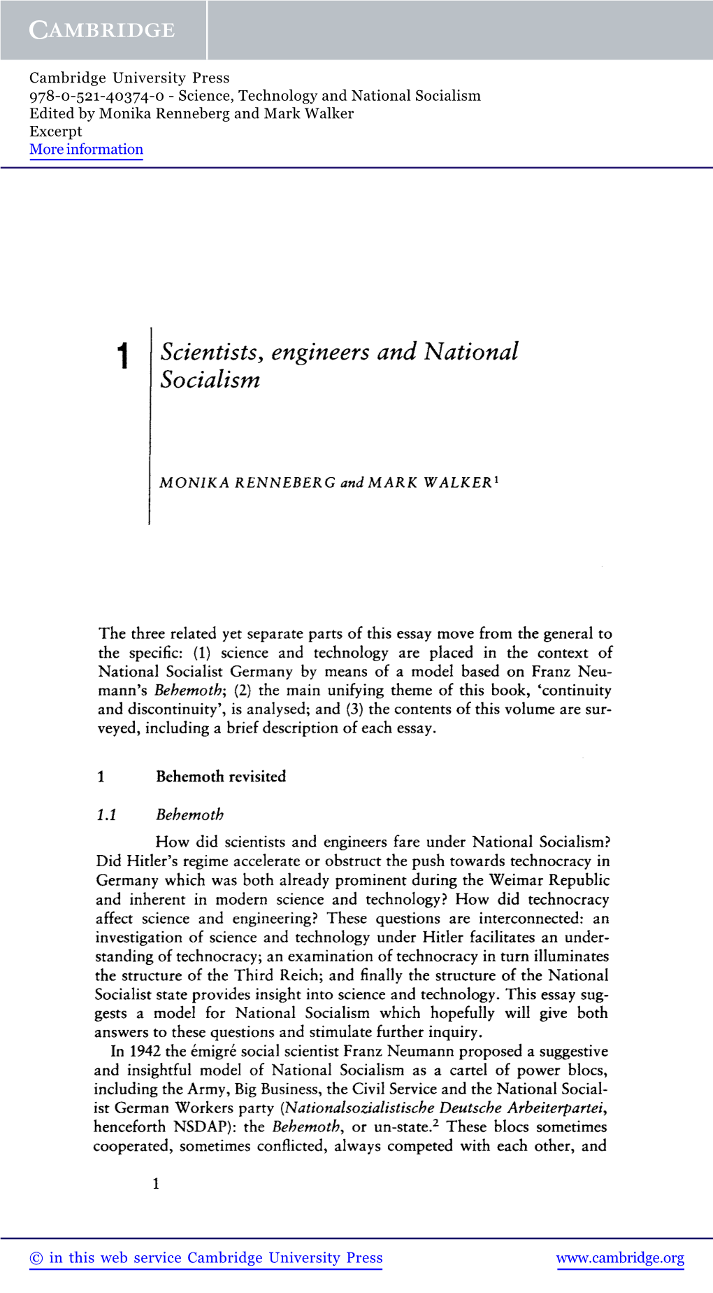 Science, Technology and National Socialism Edited by Monika Renneberg and Mark Walker Excerpt More Information