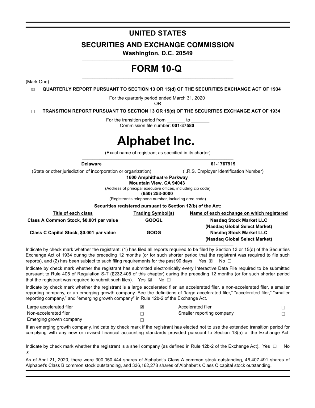 Alphabet Inc. (Exact Name of Registrant As Specified in Its Charter) ______Delaware 61-1767919 (State Or Other Jurisdiction of Incorporation Or Organization) (I.R.S