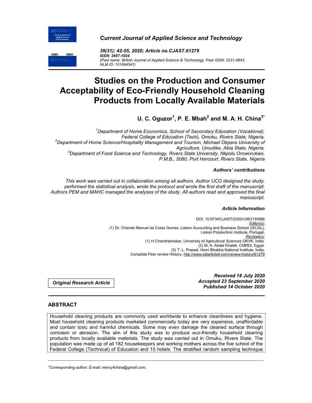 Studies on the Production and Consumer Acceptability of Eco-Friendly Household Cleaning Products from Locally Available Materials