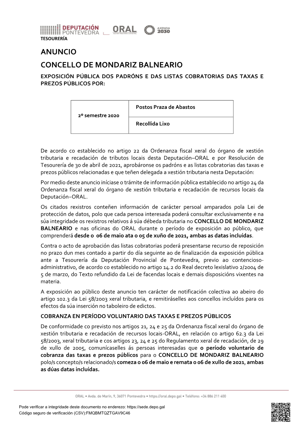 Exposición Pública Dos Padróns E Das Listas Cobratorias Das Taxas E Prezos Públicos Por