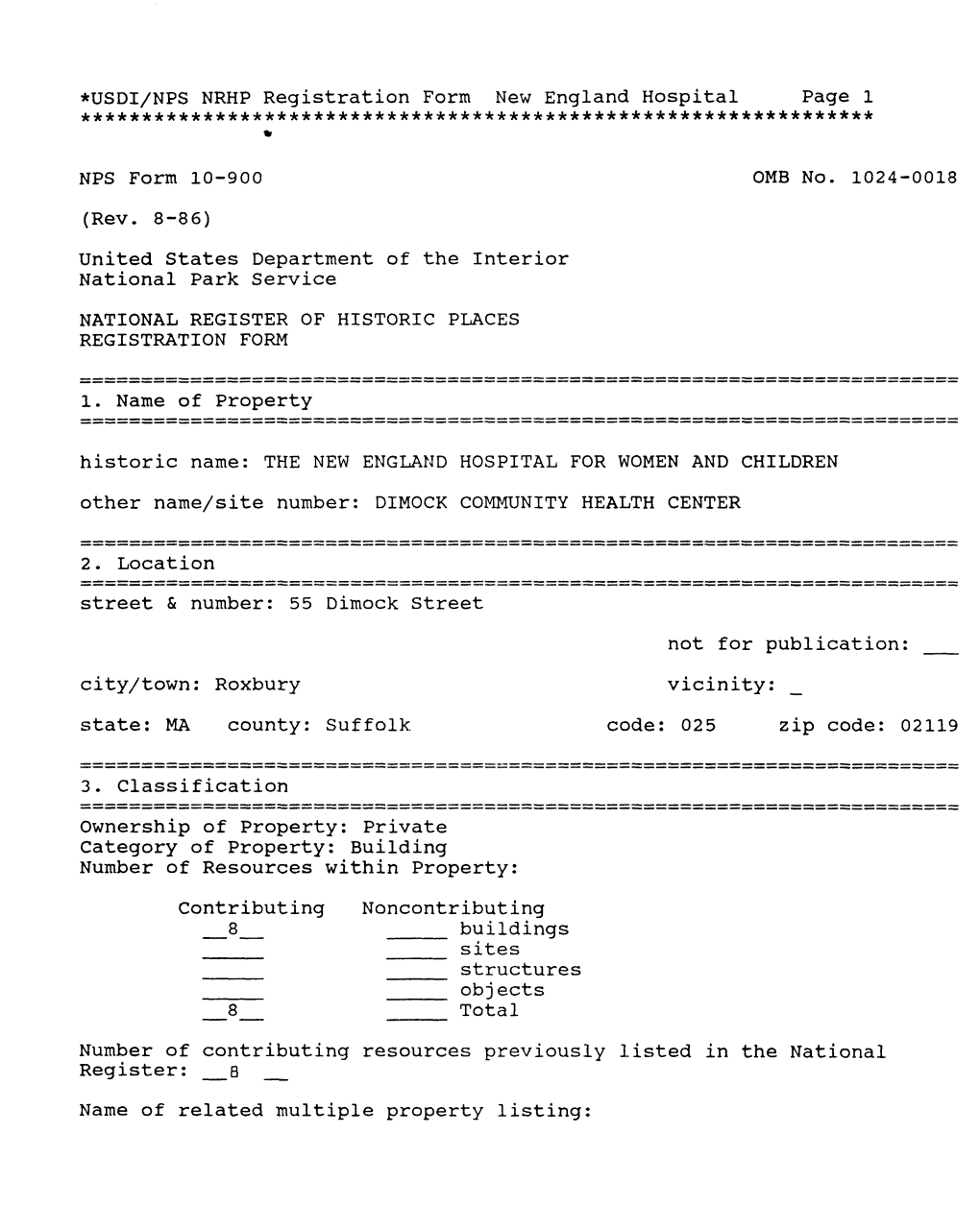 USDI/NPS NRHP Registration Form New England Hospital Page 1