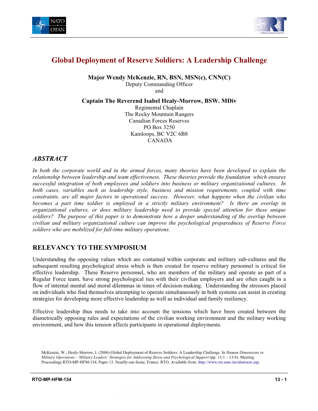Global Deployment of Reserve Soldiers: a Leadership Challenge