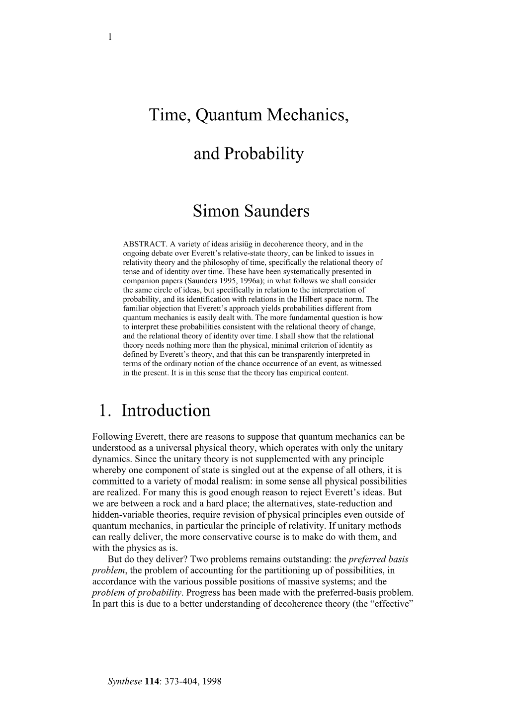 Time, Quantum Mechanics, and Probability Simon Saunders