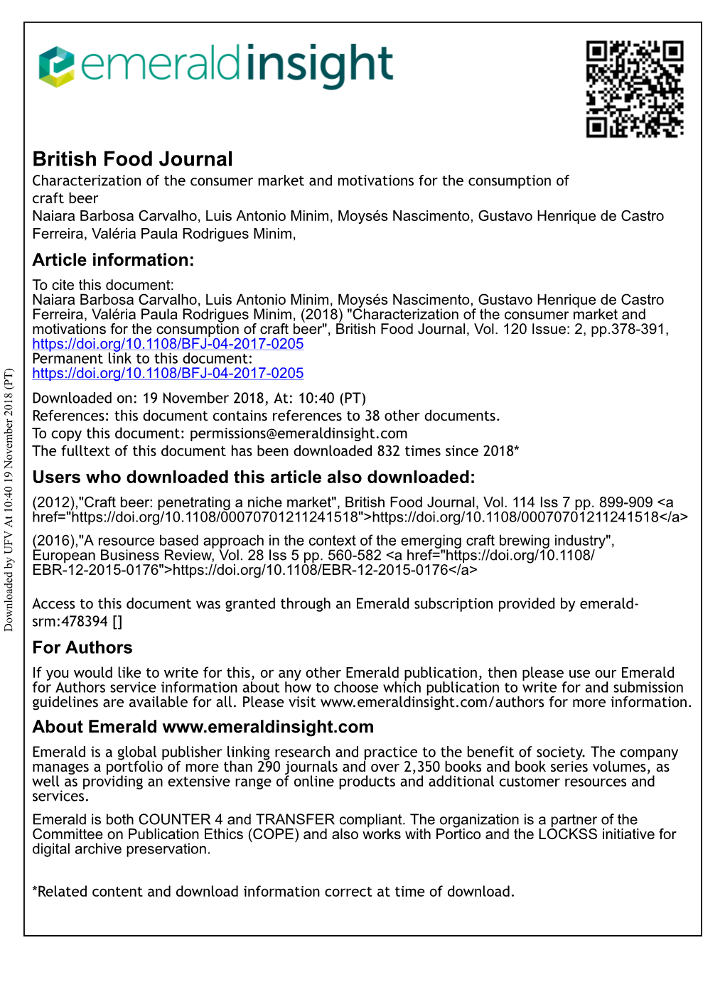 Characterization of the Consumer Market and Motivations for the Consumption of Craft Beer