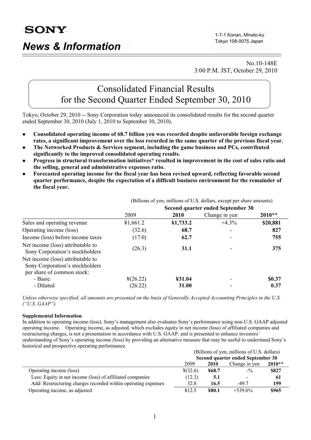 Consolidated Financial Results for the Second Quarter Ended September 30, 2010