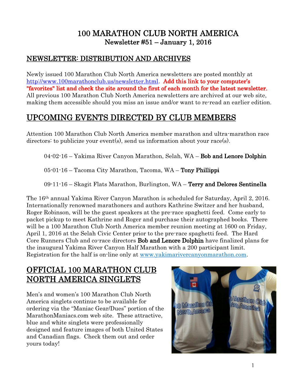 100 Marathon Club North America Newsletter #51 01-01-16
