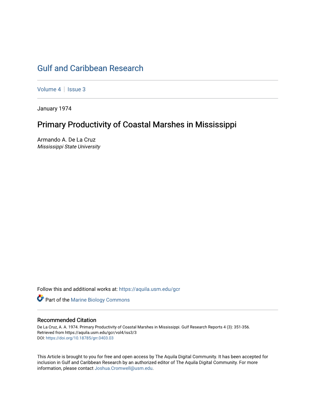 Primary Productivity of Coastal Marshes in Mississippi