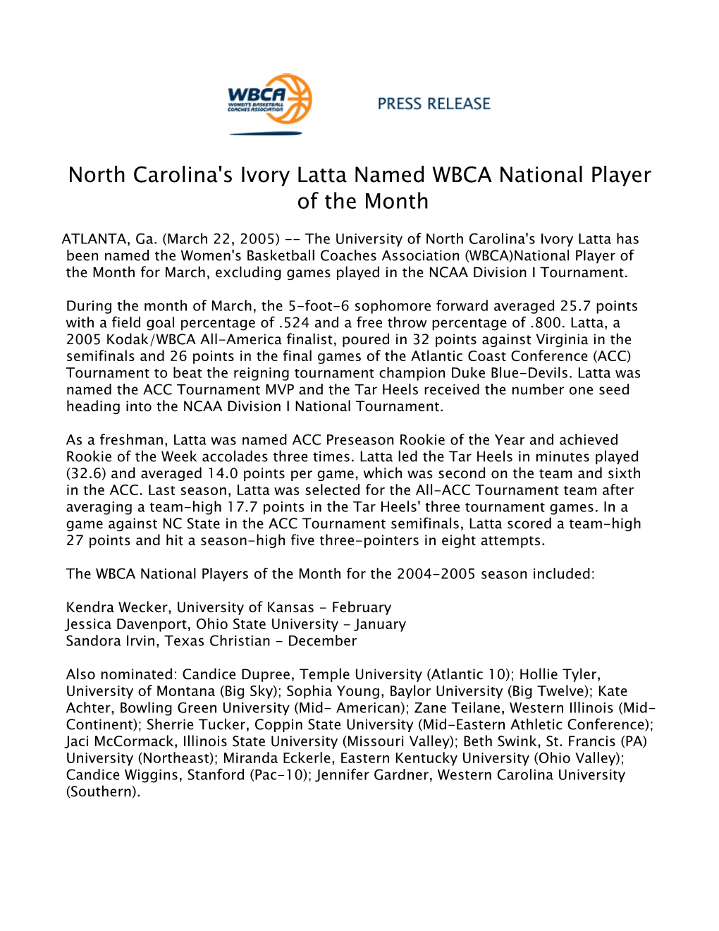 North Carolina's Ivory Latta Named WBCA National Player of the Month