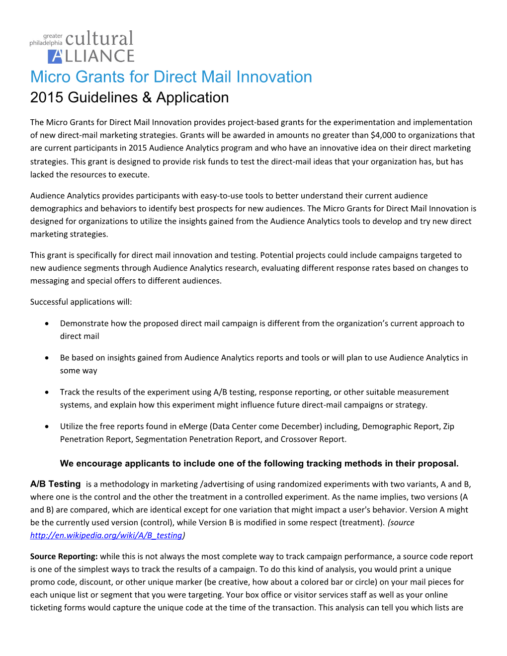 Micro Grants for Direct Mail Innovation 2015 Guidelines & Application
