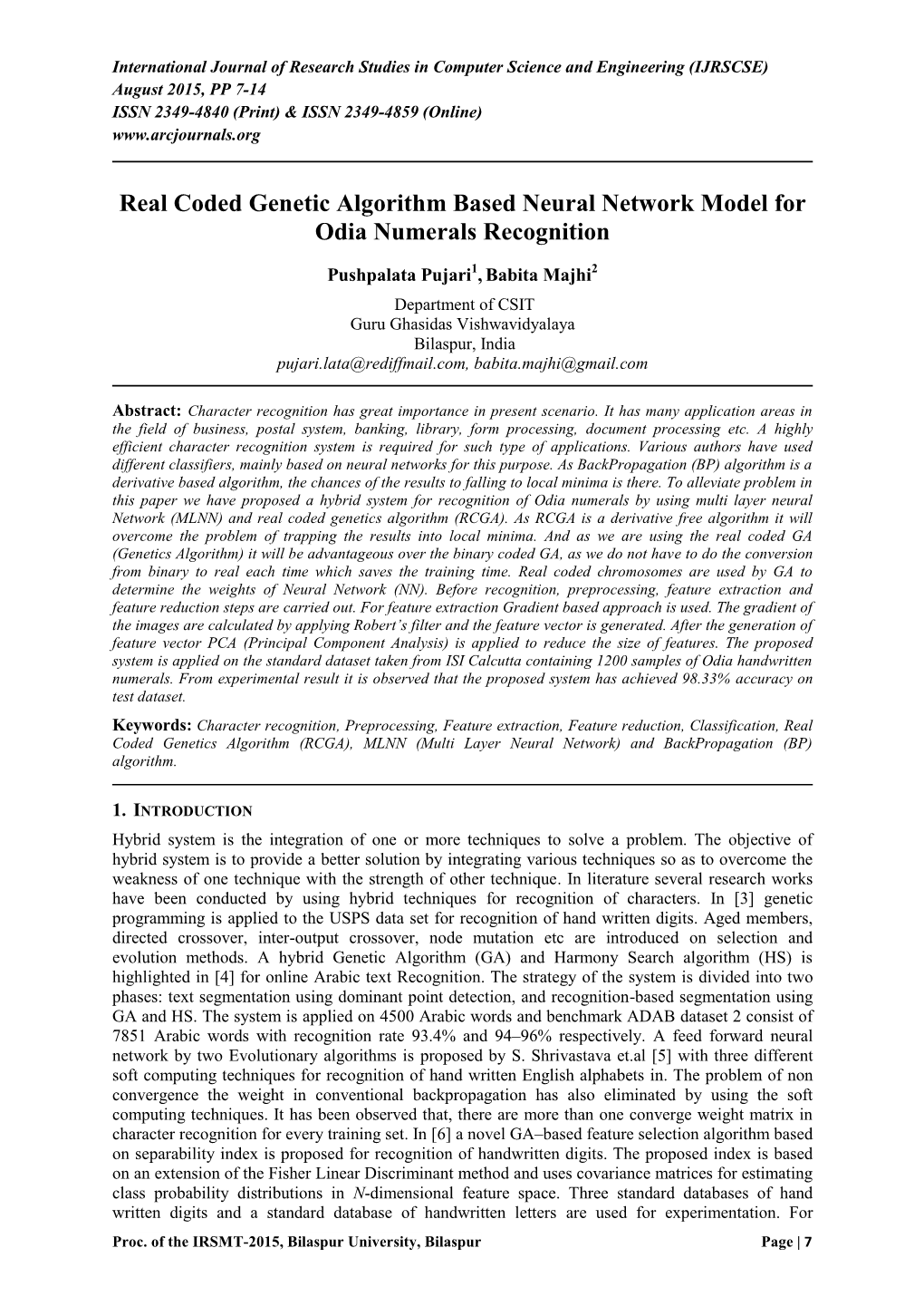 Real Coded Genetic Algorithm Based Neural Network Model for Odia Numerals Recognition
