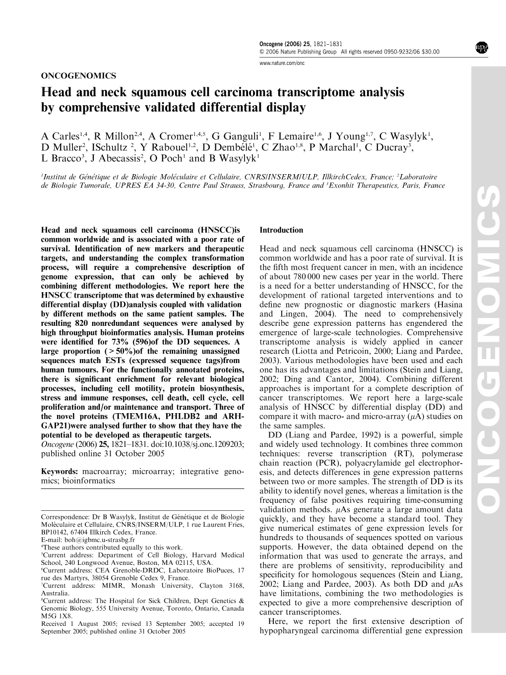 Head and Neck Squamous Cell Carcinoma Transcriptome Analysis by Comprehensive Validated Differential Display