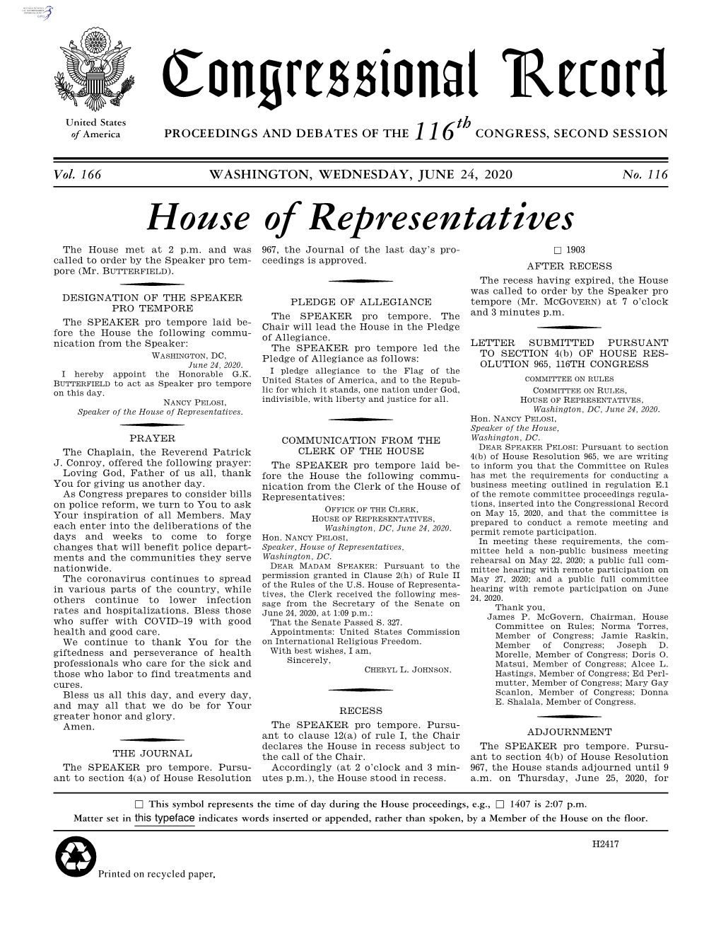 Congressional Record United States Th of America PROCEEDINGS and DEBATES of the 116 CONGRESS, SECOND SESSION