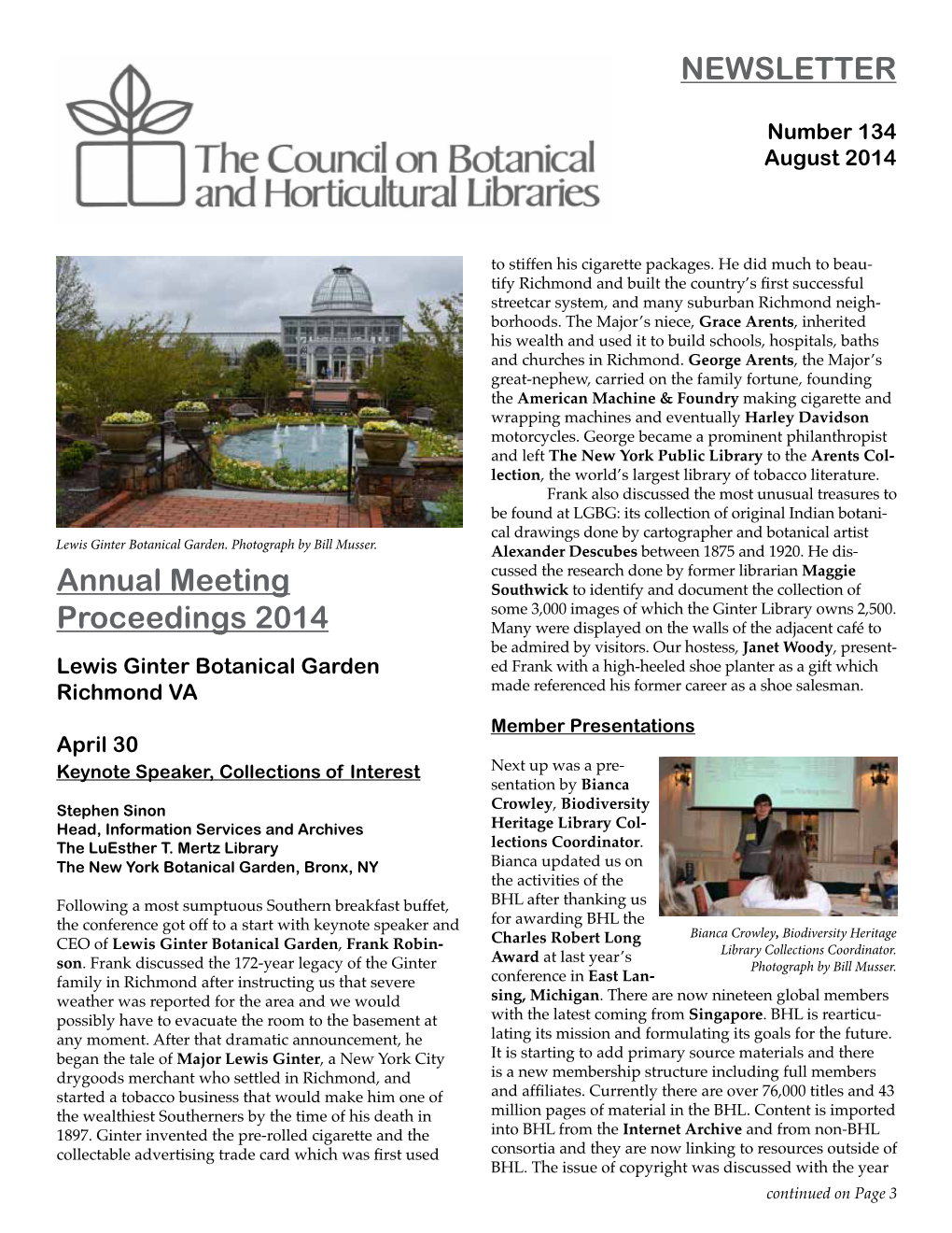 Council on Botanical and Horticultural Libraries, Newsletter, No. 134