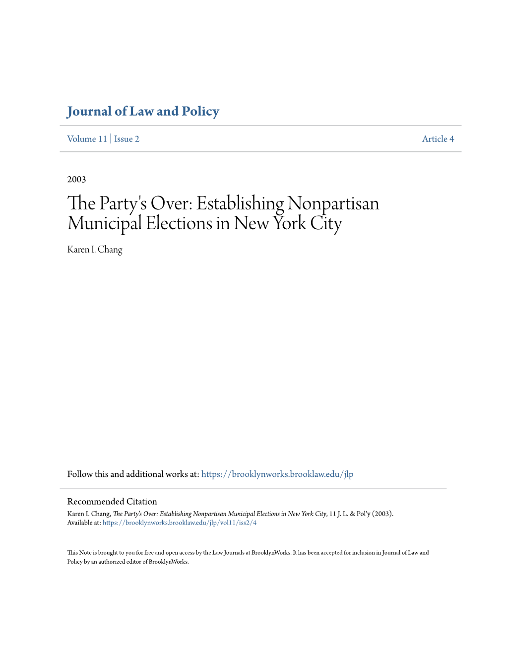 Establishing Nonpartisan Municipal Elections in New York City Karen I