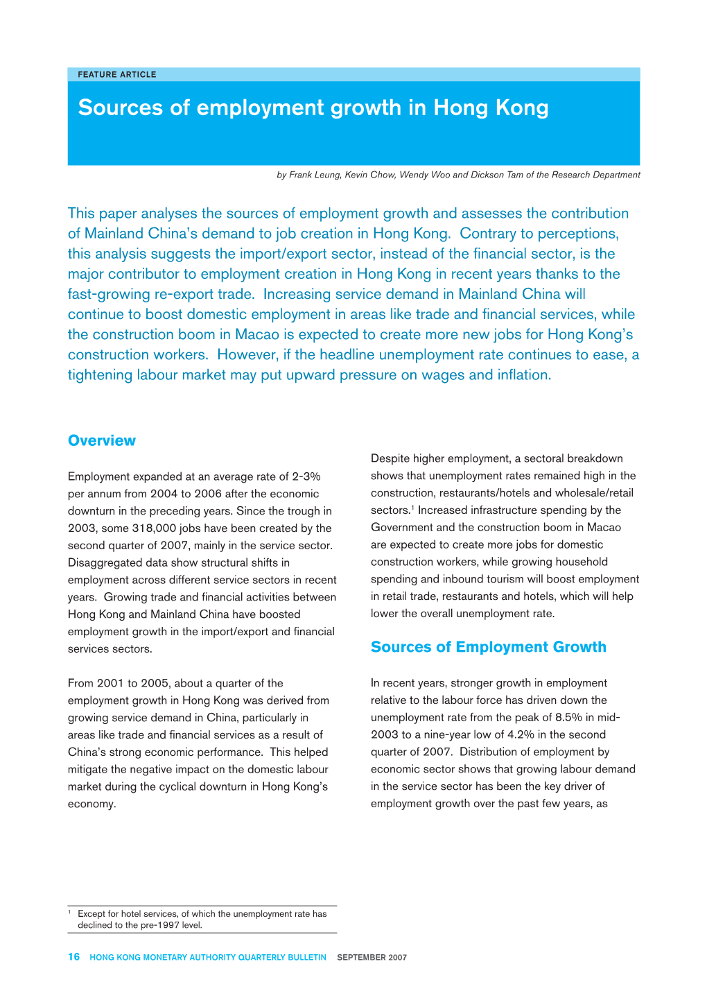 Sources of Employment Growth in Hong Kong