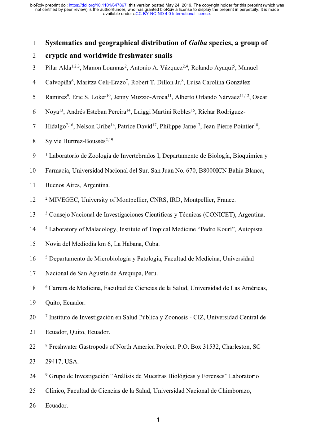 Systematics and Geographical Distribution of Galba Species, a Group of 2 Cryptic and Worldwide Freshwater Snails 3 Pilar Alda1,2,3, Manon Lounnas2, Antonio A