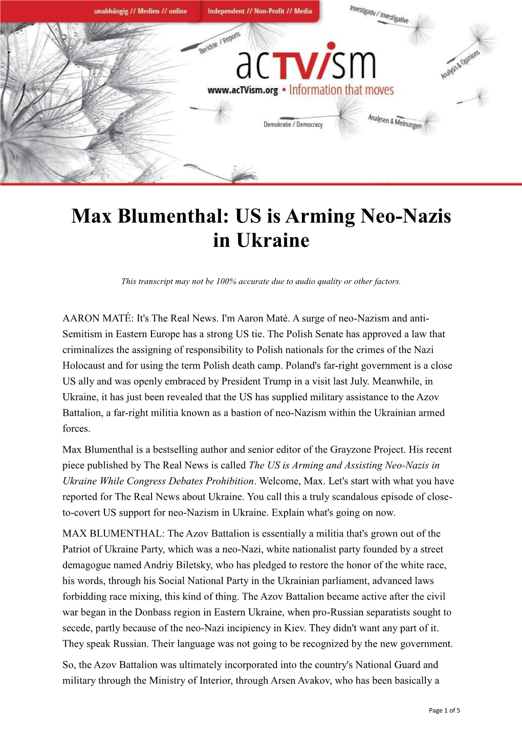 Max Blumenthal: US Is Arming Neo-Nazis in Ukraine