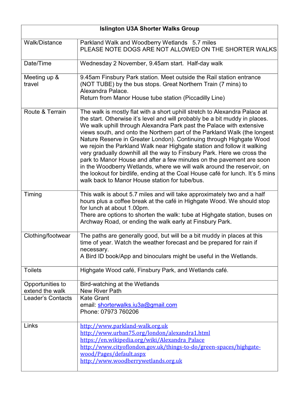 Islington U3A Shorter Walks Group Walk/Distance Parkland Walk And