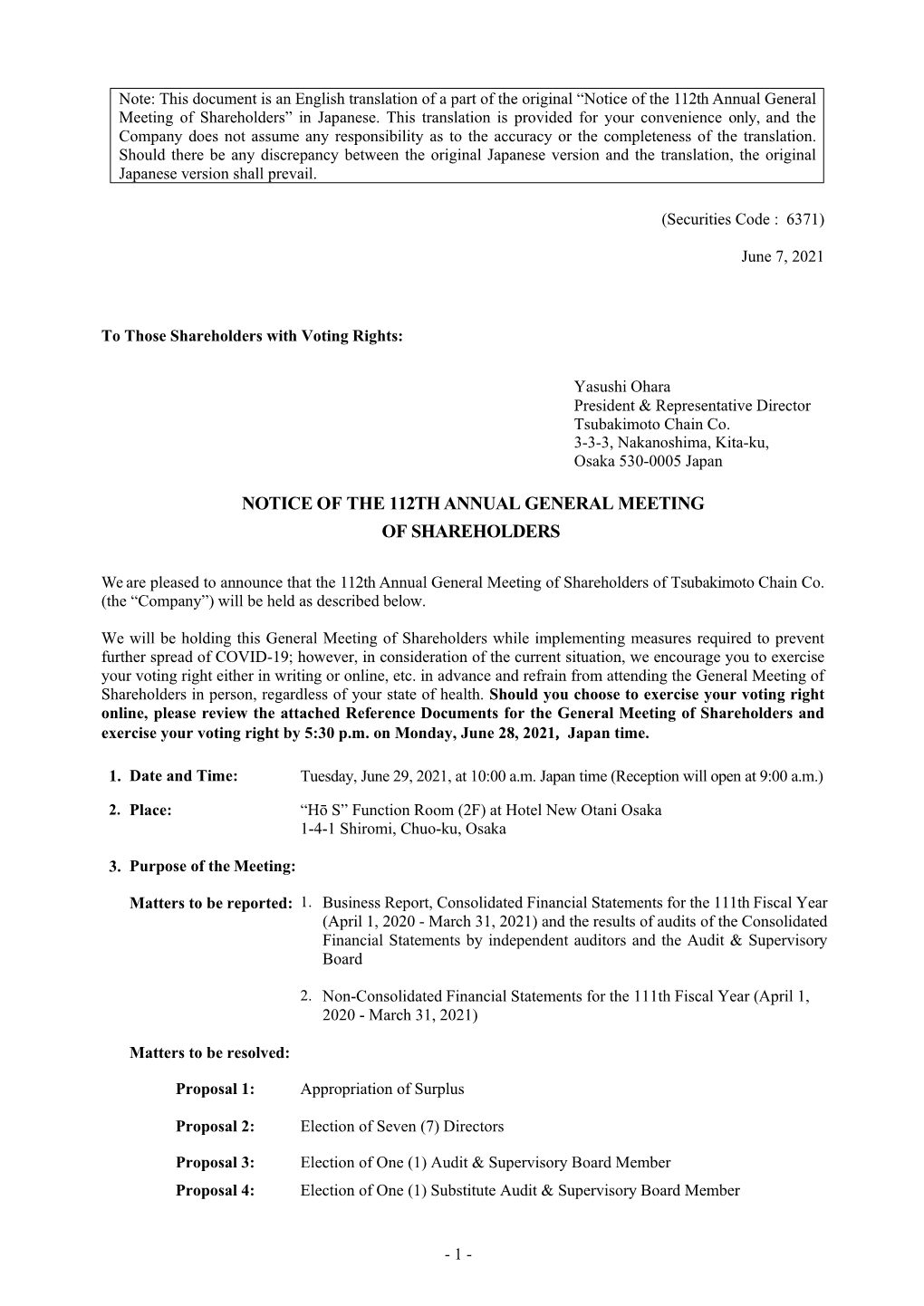 Notice of the 112Th Annual General Meeting of Shareholders” in Japanese