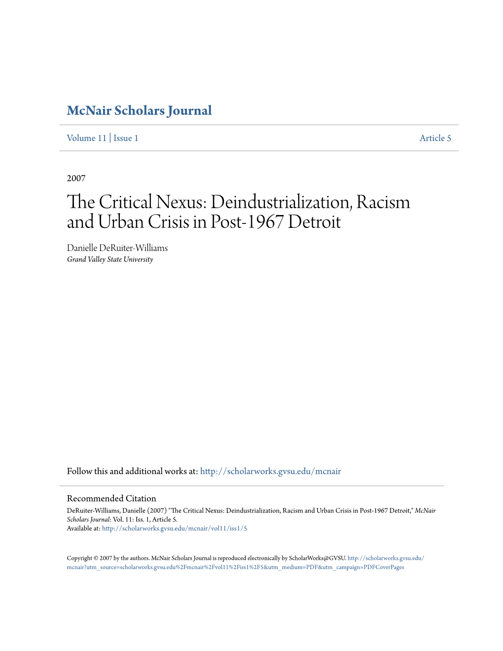 The Critical Nexus: Deindustrialization, Racism and Urban Crisis in Post-1967 Detroit