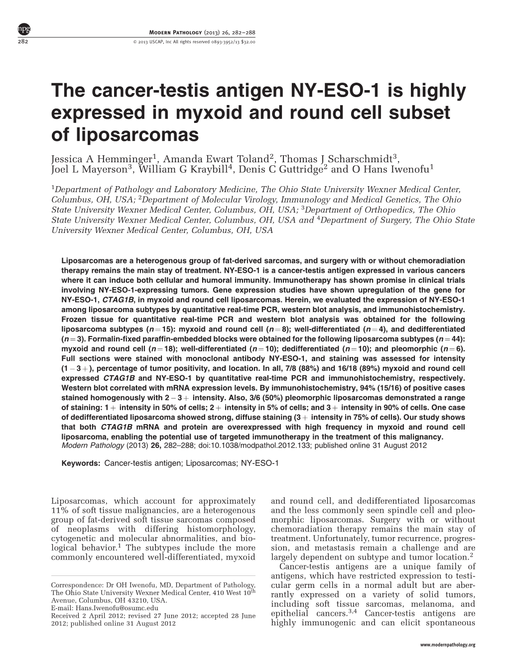 The Cancer-Testis Antigen NY-ESO-1 Is Highly Expressed in Myxoid And