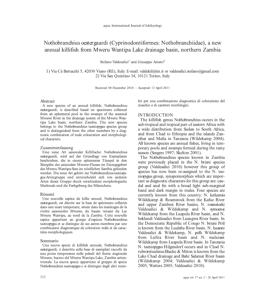 Nothobranchius Oestergaardi (Cyprinodontiformes: Nothobranchiidae), a New Annual Killifish from Mweru Wantipa Lake Drainage Basin, Northern Zambia