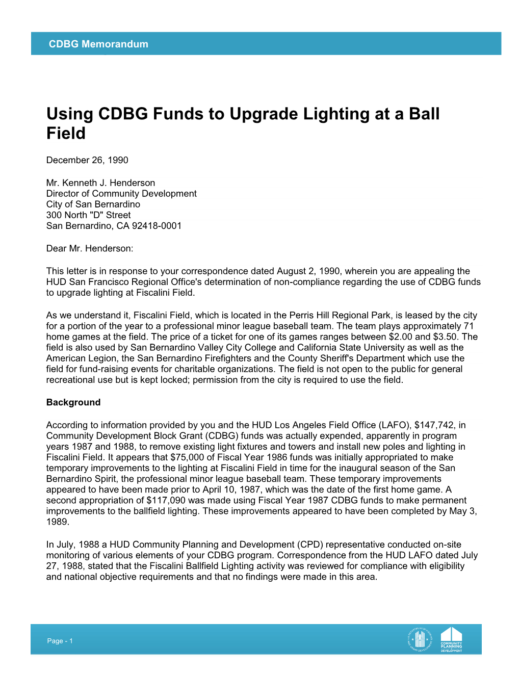 Using CDBG Funds to Upgrade Lighting at a Ball Field