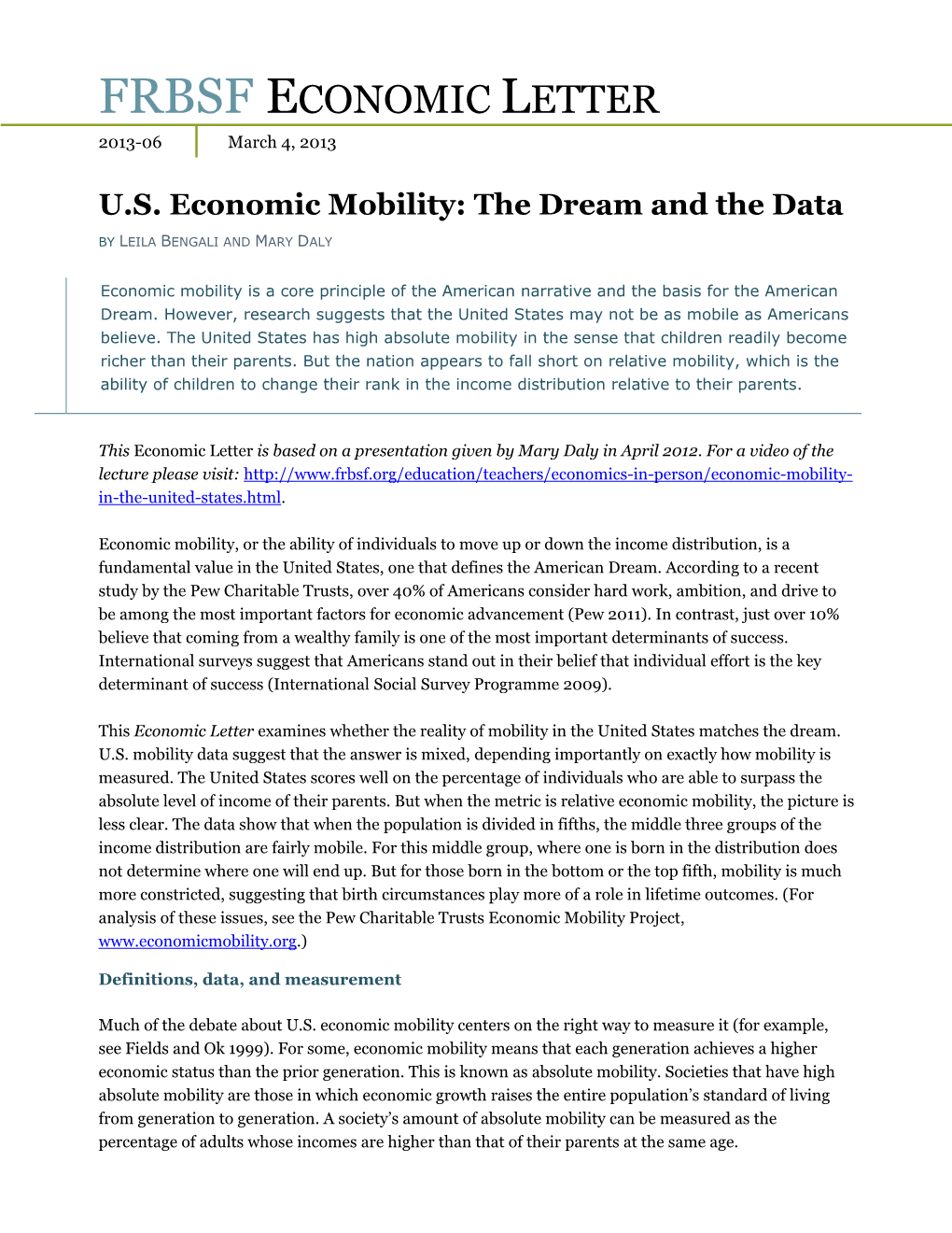 U.S. Economic Mobility: the Dream and the Data