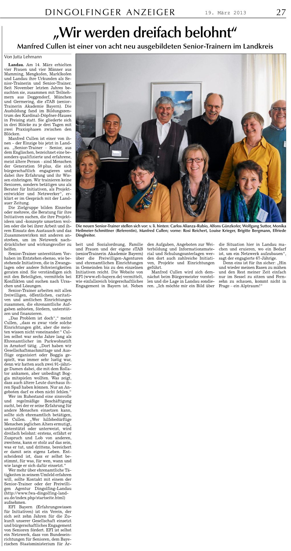 Dingolfinger Zeitung – 13.3.2013: Dreifach Belohnt