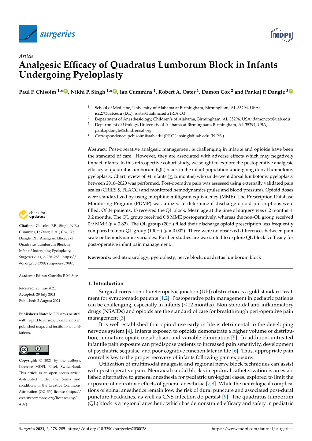 Analgesic Efficacy of Quadratus Lumborum Block in Infants