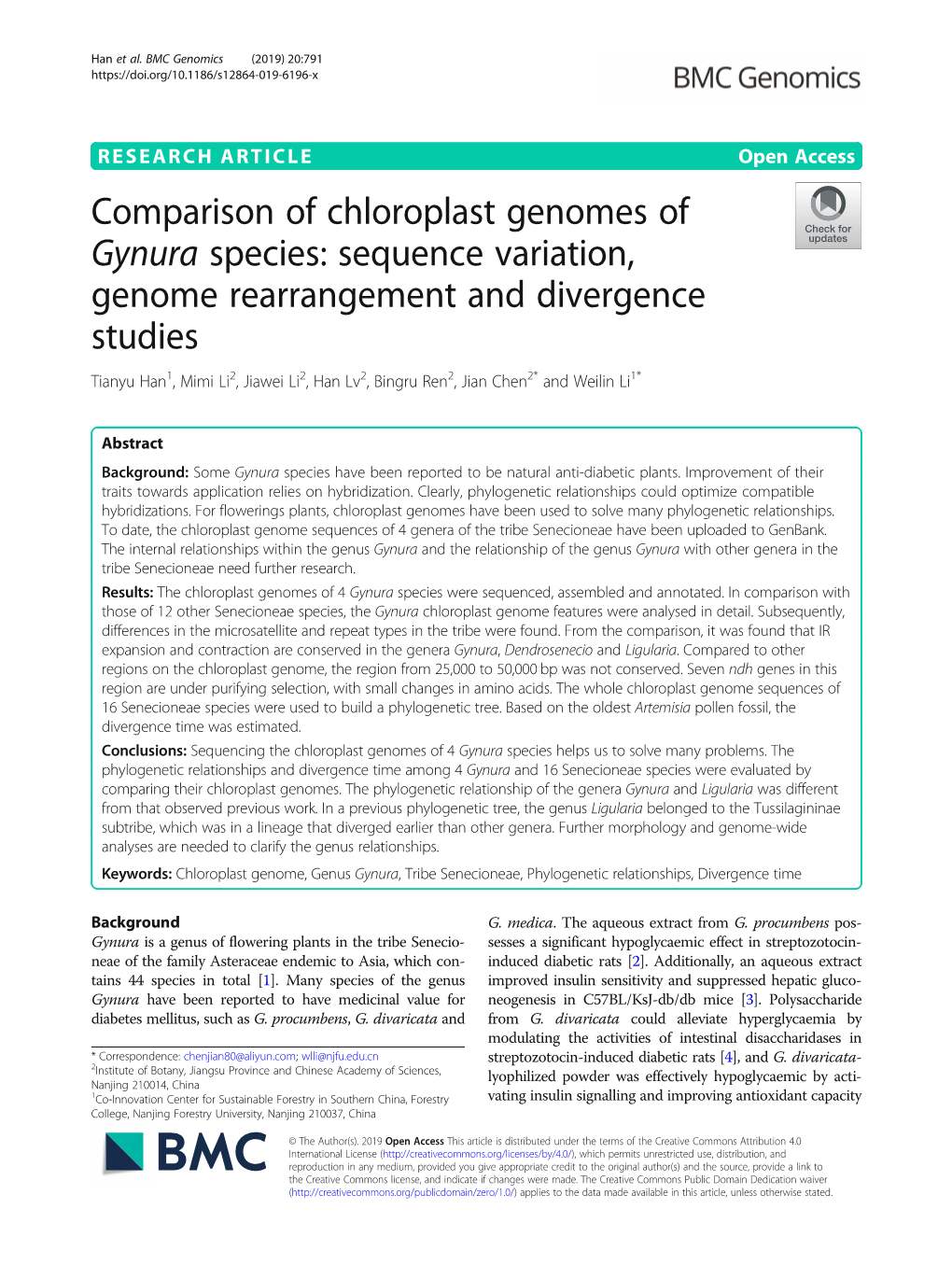 Comparison of Chloroplast Genomes of Gynura Species: Sequence