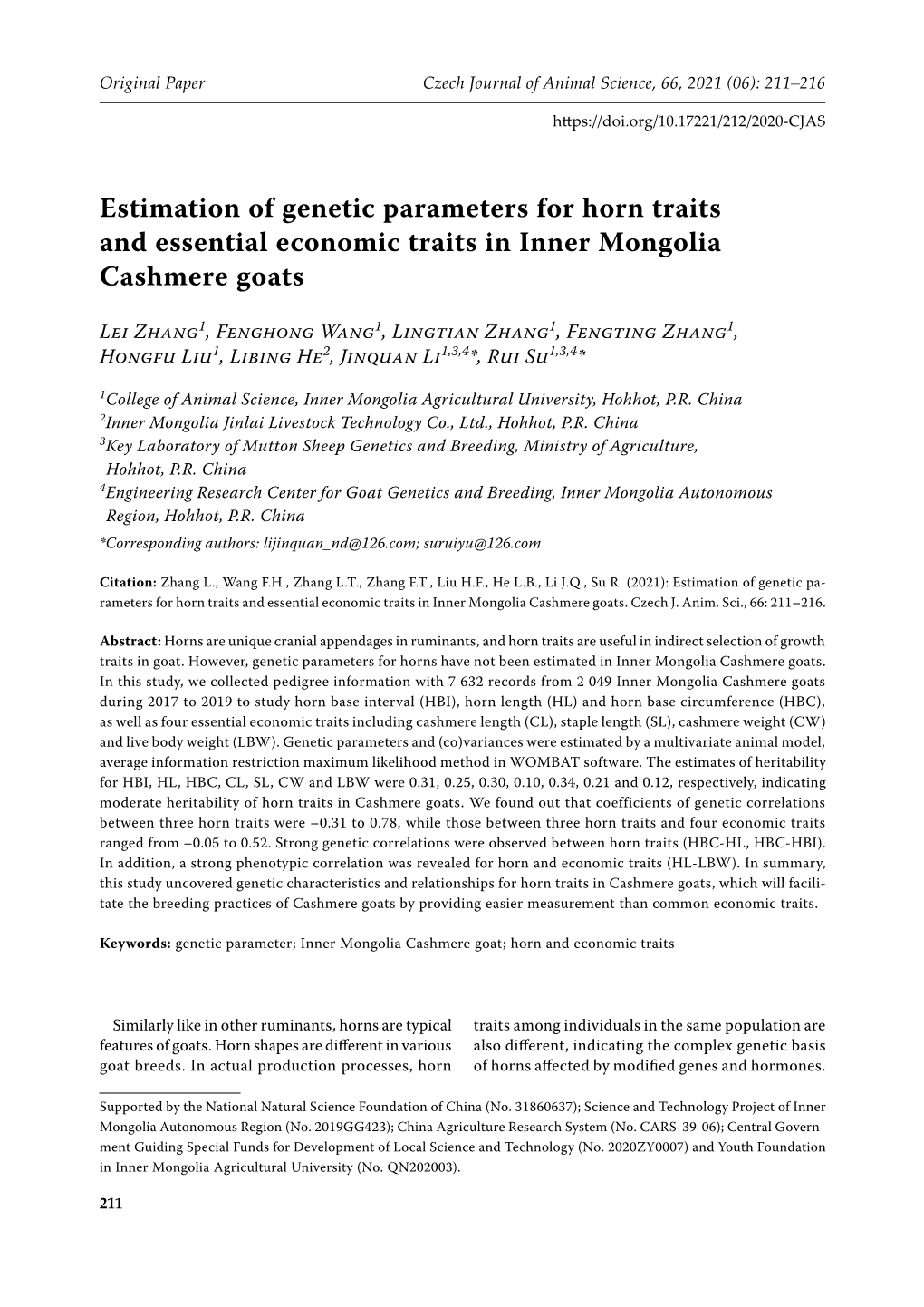 Estimation of Genetic Parameters for Horn Traits and Essential Economic Traits in Inner Mongolia Cashmere Goats