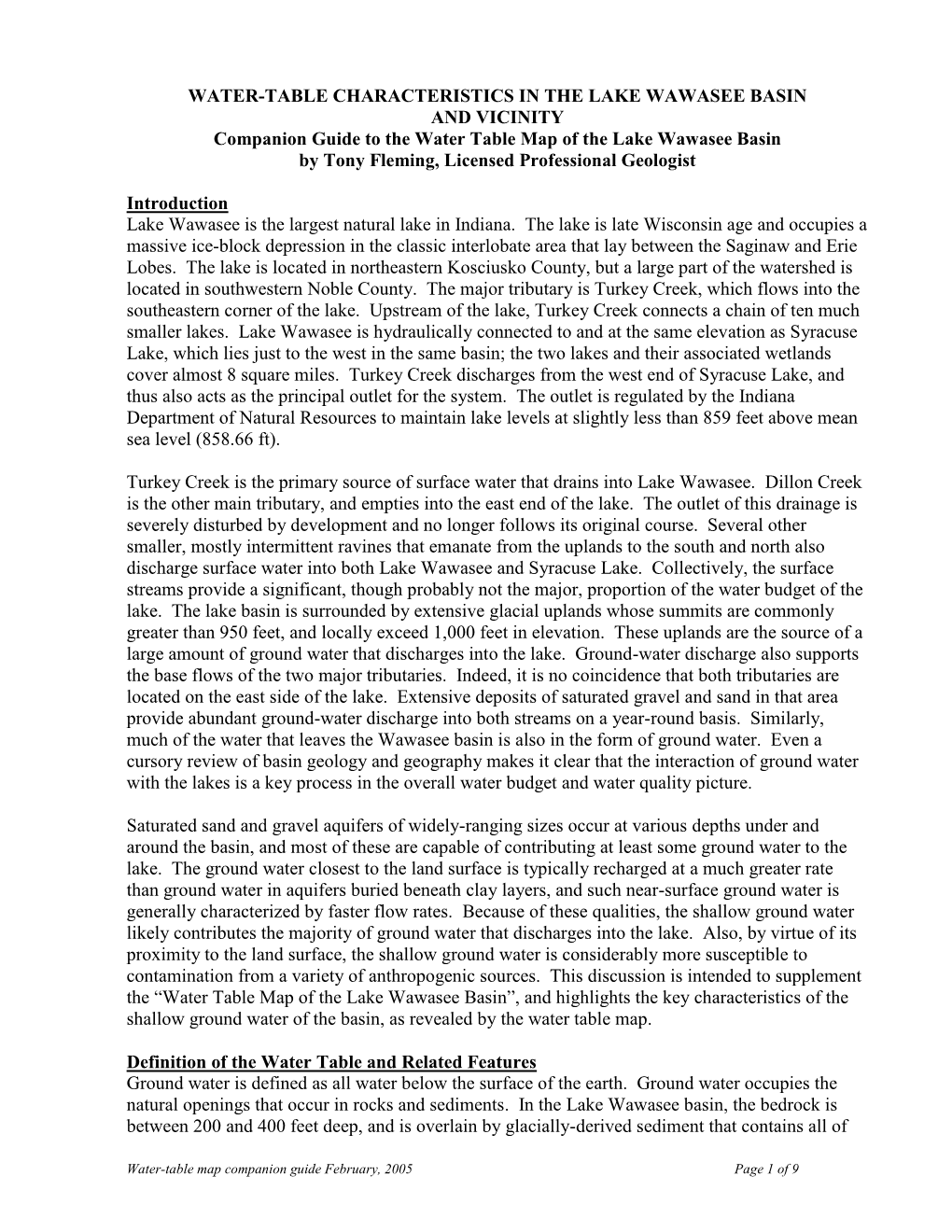 Water-Table Characteristics in the Lake Wawasee Basin