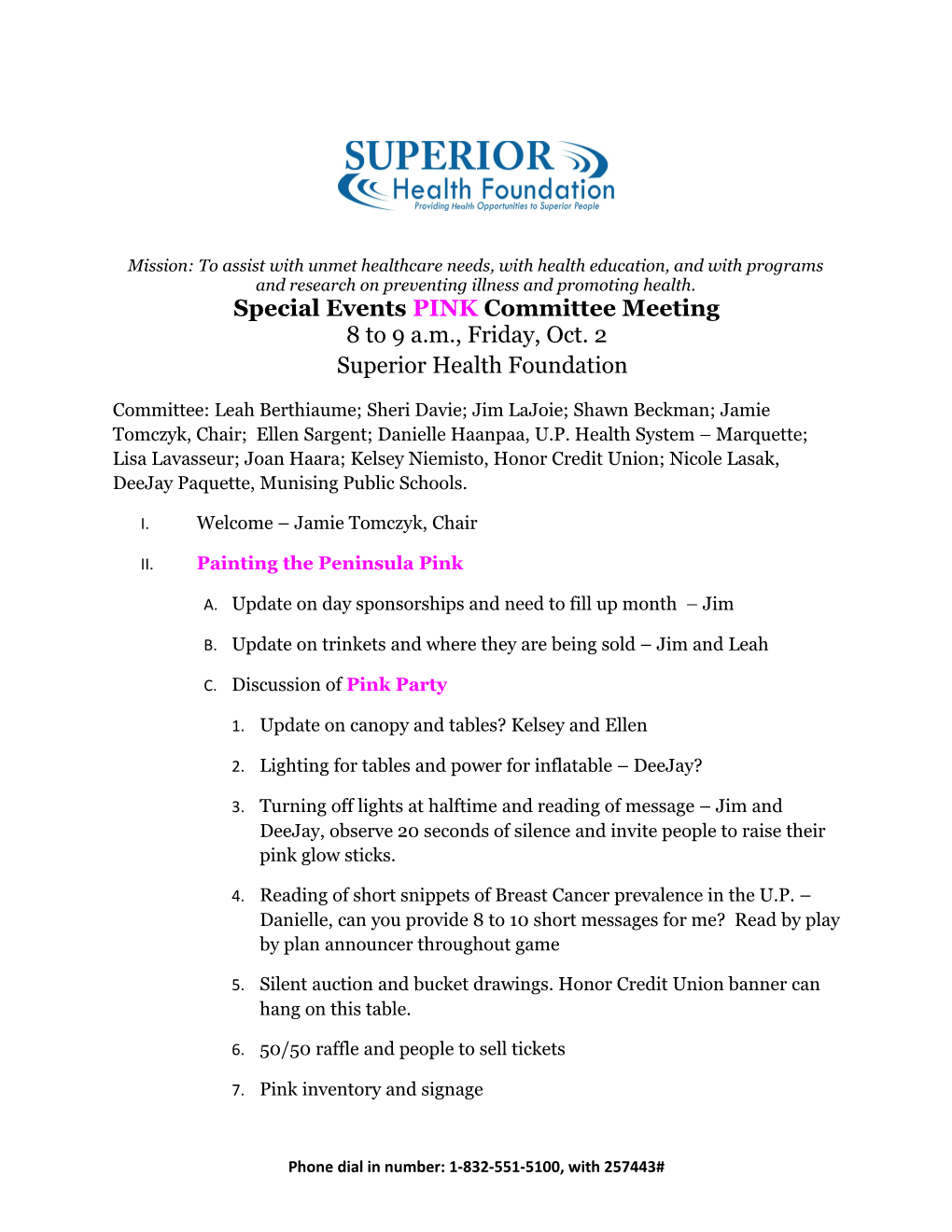 Special Events PINK Committee Meeting